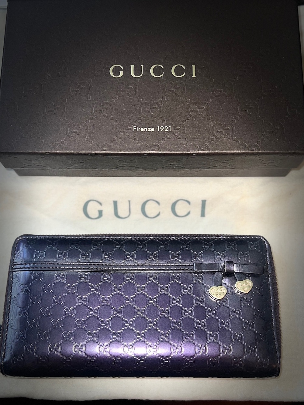 Gucci Purple Patent Leather Continental Zip Wallet with Gold Heart Pulls